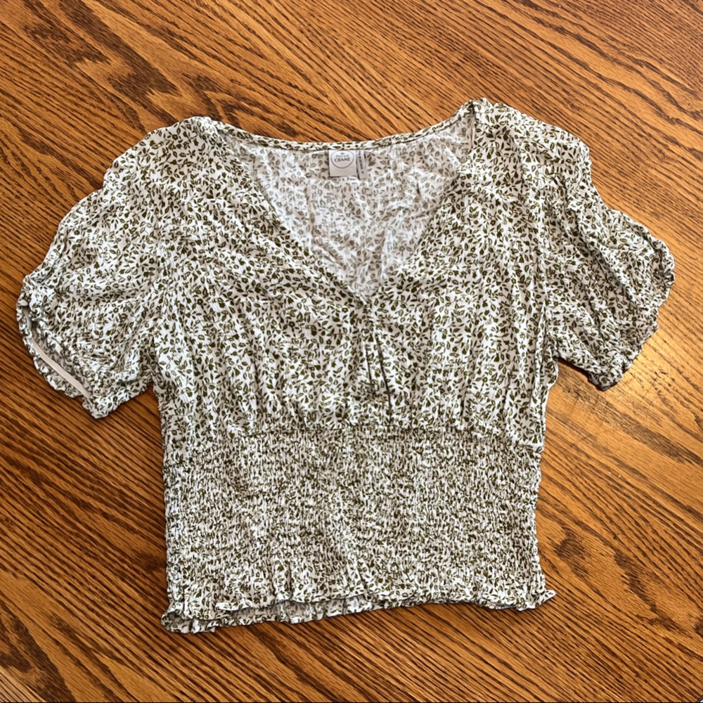 Cropped Smocked Women's Top in Olive Floral - Paper Crane